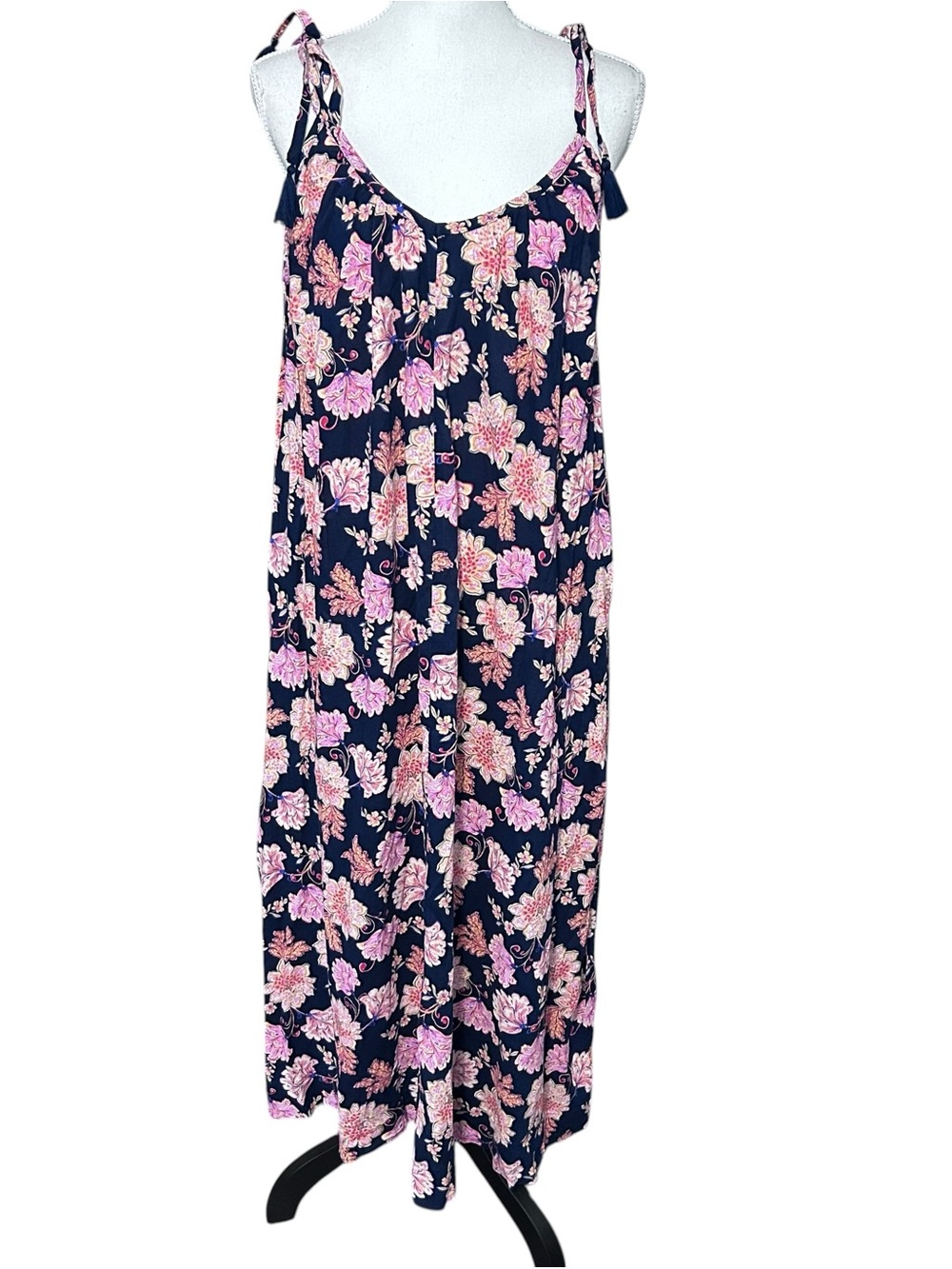 Old Navy Floral Maxi Dress Swing Womens M Cottagecore Beach Tassels Boho Blue NW
